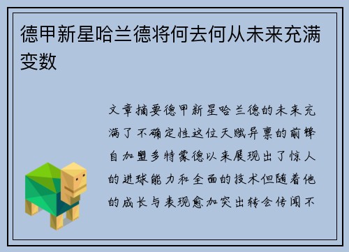 德甲新星哈兰德将何去何从未来充满变数