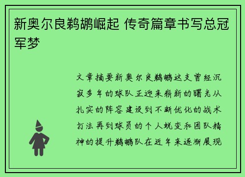 新奥尔良鹈鹕崛起 传奇篇章书写总冠军梦